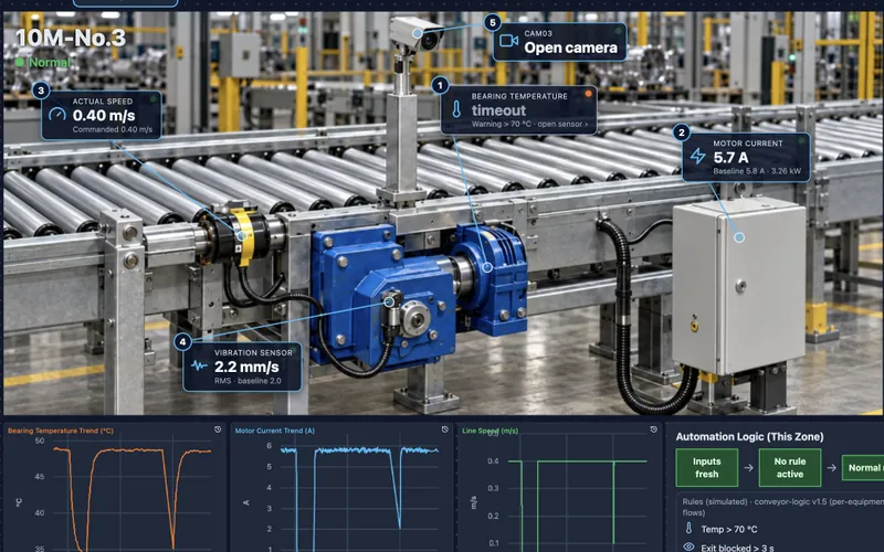 Conveyor drive photo with live speed, current, vibration and bearing temperature