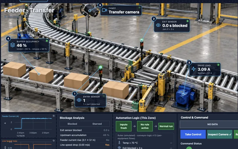 Feeder transfer station photo with buffer, sensors and drive load