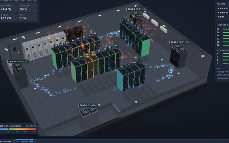 3D data hall with hot and cold airflow around racks